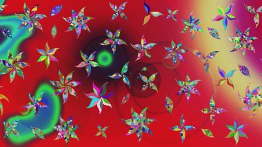 Raster - stok. Yapraklı çiçekler ve kırmızı ve yeşil renkli papatya çiçekleri. Taslak arkaplan deseni.