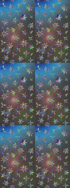 Suluboya elle çizilmiş çiçek desenli eskiz deseni. Parlak renkli fantezi çiçekleri, yapraklar, mavi ve gri renkli tomurcuklar, mavi ve gri.