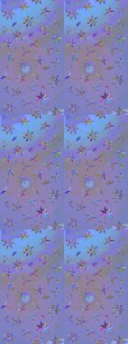 Düz Çiçek Elementleri Tasarımı. Raster Illustrasyon 'daki Çiçek Deseni' nin son moda çizimi. Renkli Yaz Temalı eskiz kalıbı. Mor ve mavi renkte çiçekler.