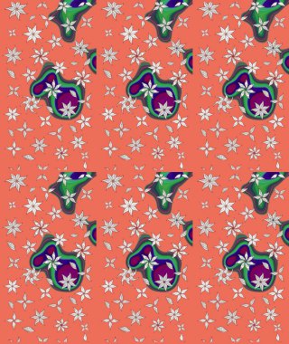 Ağaç dallı bahar çiçekleri ile desen, turuncu renklerde çiçek silueti. Raster deseni.