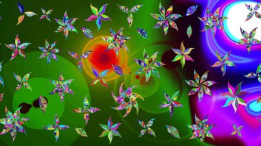 Yeşil ve mor renkli bitkilerden oluşan parlak çiçekli çizim deseni.