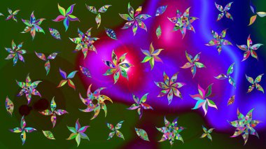 Parlak çiçekli kolaj çiçekleri yeşil ve mor. Çiçek tasarımı için inanılmaz bir kolaj cenneti tarzı. Çiçekli zambaklar eskiz arka planı.