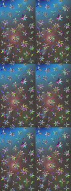 Suluboya elle çizilmiş çiçek desenli eskiz deseni. Parlak renkli fantezi çiçekleri, yapraklar, mavi ve gri renkli tomurcuklar, mavi ve gri.