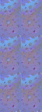 Düz Çiçek Elementleri Tasarımı. Raster Illustrasyon 'daki Çiçek Deseni' nin son moda çizimi. Renkli Yaz Temalı eskiz kalıbı. Mor ve mavi renkte çiçekler.