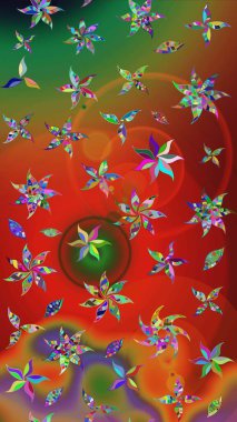 Yaprak ve çiçeklerin suluboya resimleri, kırmızı ve yeşil renkler üzerine çizimler. Raster illüstrasyonu. Kibarca, bahar çiçekleri kırmızı ve yeşil renklerde.