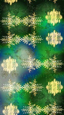 Renkli arka planda izole tatlı kar taneleri. Güzel kar tanesi. Raster illüstrasyonu. Soyut kış yeşili, mavi ve gri süs. Yuvarlak raster kar tanesi.