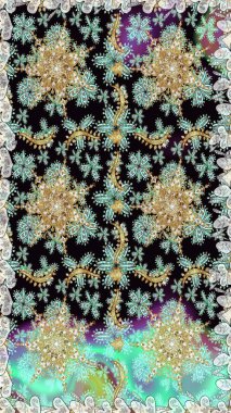 Duvar kâğıdı için altın süslü bir illüstrasyon. Çiçekli süslemeli, pürüzsüz bir desen. Süslü dantel iz sürücü. Doğu tarzında klasik tasarım öğesi. Tarafsız renkler üzerine geleneksel Arapça dekor.