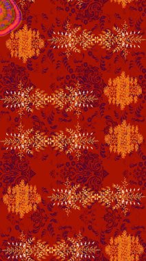 El çizimi, soyut ve süslü elementler. Klasik çiçekler. Kırmızı, turuncu ve mor renkler. Suluboya resim taklit Raster çizimi. Yaz çiçekleri teması.