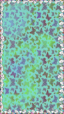 Tekstil, duvar kâğıtları, web sayfası arkaplanları ve yüzey dokuları için mükemmel. Tropikal temalı kelebek deseni. Mavi ve yeşil renkli şirin kelebek deseni. Raster illüstrasyonu.