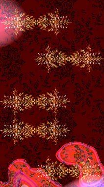 Raster illüstrasyonu. Raster kış deseni. Çiçek Elementleri 'nin soyut geçmişi. Kırmızı, kahverengi ve siyah renkler üzerine tasarım.