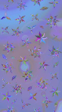 Çiçekli karalama şeklinde Raster çiçek deseni. Mor ve mavi renkte çiçekler. Yumuşak, yaz çiçekli arka plan.