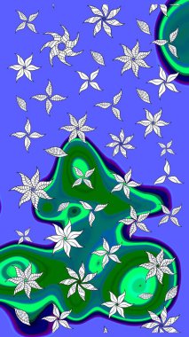 Raster illüstrasyonundaki çiçek desenli çizim. Mavi ve yeşil renkte çiçekler.