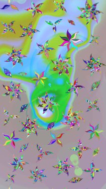 Raster illüstrasyonu. Şirin karalamalı çiçek desenli çizim. Raster illüstrasyonu. Robot resim stilinde nötr ve mavi renklerde. El yapımı çiçek ve bitki koleksiyonu.