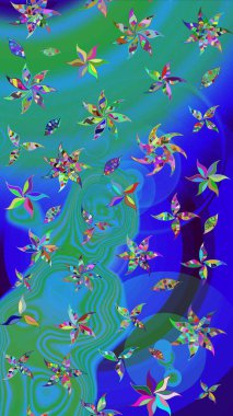 Mavi ve yeşil renkli çiçekler. Raster illüstrasyonunda çiçek deseni çizimi.