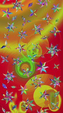 Nazik, narin çiçek arkaplanı. Çiçekli karalama şeklinde Raster çiçek deseni. Kırmızı ve sarı renkte çiçekler.