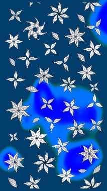 Yapraklı çiçekler ve mavi ve nötr renklerde papatya çiçekleri. Raster - stok. Taslak arkaplan deseni.