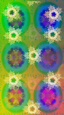 Raster illüstrasyonu. Sihirli yeşil, mavi ve sarı tatil soyut arka plan yıldız ve düşen kar taneleri. Noel yeşili, mavi ve sarı.