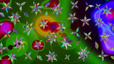 Yeşil ve mavi renkte çiçekler. Raster illüstrasyonu. Çiçek süslemeli çizim deseni.