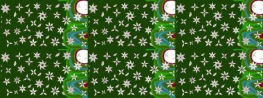 Raster Floral Illustration, Asyalı tekstil. Yeşil ve nötr renklerdeki etnik çiçeklerle zarif eskiz deseni.