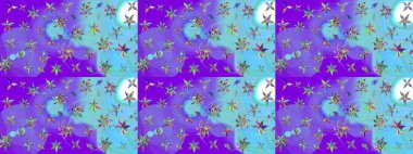 Suluboya elle çizilmiş çiçek desenli eskiz deseni. Parlak renkli fantezi çiçekleri, yapraklar, mor ve mavi renkli tomurcuklar..