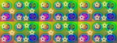 Renkli arka planda izole kar taneleri. Raster illüstrasyonu. Yüzey için tekrarlanan doku, ambalaj kağıdı, yeşil, mavi ve sarı renkler. Kış kar tanesi, raster arkaplan.