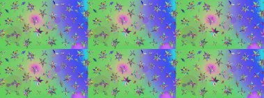 Raster Floral Illustration, Asyalı tekstil. Yeşil ve mor renkli etnik çiçeklerle zarif eskiz deseni.