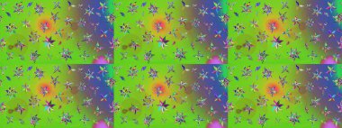 Çiçek süslemeli çizim deseni. Raster illüstrasyonu. Yeşil ve mor renkte çiçekler.