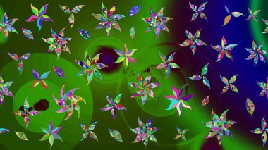 Renkli Bahar Teması eskiz kalıbı. Yeşil ve mavi renkte çiçekler. Raster illüstrasyonundaki çiçek desenli çizim. Düz Çiçek Elementleri Tasarımı.