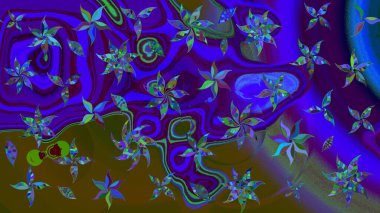 Mavi ve kahverengi renkte çiçekler. Raster Illustrasyon 'daki Çiçek Deseni' nin son moda çizimi. Düz Çiçek Elementleri Tasarımı. Renkli Yaz Teması çizim şablonu.