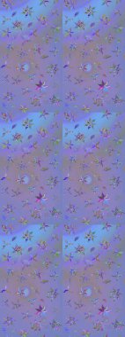 Çiçek kompozisyonu, el boyası, hassas şablon. Sevgililer günü ve tebrik kartı konsepti için şık bir davetiye. Üst manzara, yumuşak stil. Mor ve mavi renkler üzerinde manzaralı çiçek deseni.