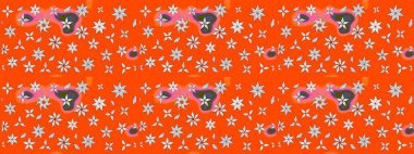 Çiçekler turuncu ve nötr renklerde. Düz Çiçek Elementleri Tasarımı. Renkli Bahar Teması eskiz kalıbı. Raster illüstrasyonunda çiçek deseni çizimi.