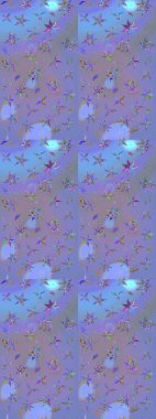 Raster illüstrasyonu. Mor ve mavi renklerde. Çiçekli güzel suluboya desen.