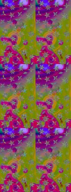 Raster illüstrasyonu. Yeşil ve mor renklerde. 3D çiçekler, çizim.