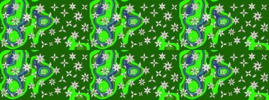 Raster illüstrasyonu. El çizimi çiçekli soyut çizim kalıbı. Yeşil ve nötr renkte çiçekler.