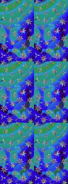 Arkaplan dokusu, duvar kağıdı, mavi ve yeşil renkli çiçek teması. Kabile sanatı boho baskısı, klasik çiçek arkaplanı. Soyut etnik raster çizim kalıbı.