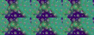 Suluboya çiçekli çiçek deseni. Yeşil ve mavi renkte güzel bir tekstil. Raster illüstrasyonu.
