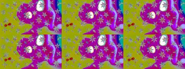 Raster illüstrasyonu. Suluboya tarzında yeşil ve mor renklerde. Küçük çiçekli bahar deseni çiz.