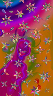 Bir sürü mor ve turuncu soyut çiçekli tropik eskiz deseni. Varicolopurple ve turuncu raster çizimi. Küçük çiçekte sevimli çiçek deseni var..