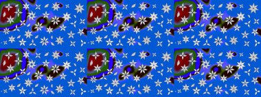 Raster Modaya uygun kumaş deseni. Mavi ve nötr renklerde şirin çiçek desenleri. Düz Çiçek Elementleri Tasarımı. Renkli Bahar Teması çizim şablonu.