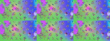 Yumuşak, bahar çiçekli arka plan. Çiçekli karalama şeklinde Raster çiçek deseni. Yeşil ve mor renkte çiçekler.