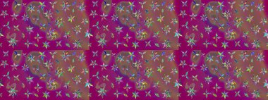 Raster illüstrasyonundaki çiçek desenli çizim. Mor ve kahverengi renkte çiçekler.