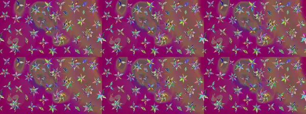 Raster illüstrasyonundaki çiçek desenli çizim. Mor ve kahverengi renkte çiçekler.