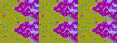 Yeşil ve mor renkli şirin çiçek desenleri. Raster Modaya uygun kumaş deseni. Renkli Bahar Teması eskiz kalıbı. Düz Çiçek Elementleri Tasarımı.