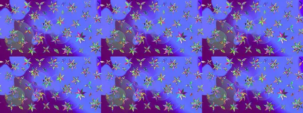 Mor ve mavi renklerde. 3D çiçekler, eskiz. Raster illüstrasyonu.