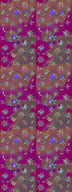 Raster illüstrasyonu. Yumuşak, bahar çiçekleri mor ve kahverengi renklerde. Raster çiçek desenli ve çiçekli..