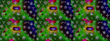 Parlak renkli çiçekleri olan ve yeşil ve siyah renkte yaprakları olan harika bir çiçek deseni. Moda baskıları için zarif bir şablon. Modern çiçek arkaplanı. Halk stili.