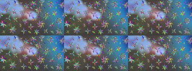 Çiçekli yaz çiçekleri. Küçük çiçekte güzel bir desen. Küçük renkli çiçekler. Moda baskıları için zarif bir şablon. Motley illüstrasyonu. Çizim.