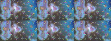 Raster Illustrasyon 'daki Çiçek Deseni' nin son moda çizimi. Mavi ve gri renkte çiçekler. Renkli Yaz Temalı eskiz kalıbı. Düz Çiçek Elementleri Tasarımı.