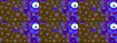 Raster suluboya çiçek deseni, narin çiçekler, kahverengi ve menekşe çiçekleri, tebrik kartı şablonu. Güzel kumaş deseni.