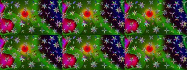 Ağaç dallı bahar çiçekleri ile desen, çiçek silueti ile yeşil ve siyah renkler. Raster deseni.